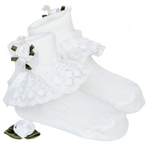 Girls White Lace Socks with Rosebud Cluster